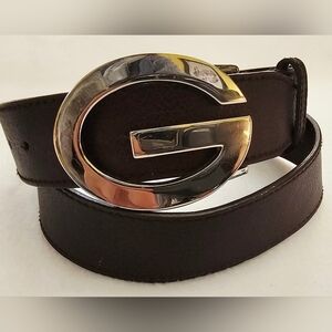 Guess Women's G Belt Silver Logo Brown Genuine Leather Size M